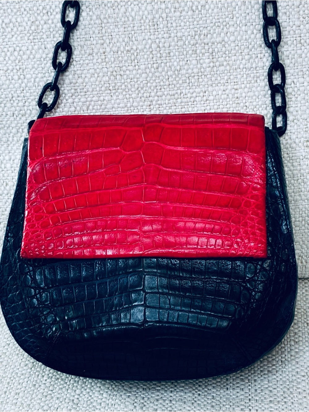 Nancy Gonzalez Rare EUC 
Navy/Red Crocodile Round Flap-Top Crossbody
Bag
